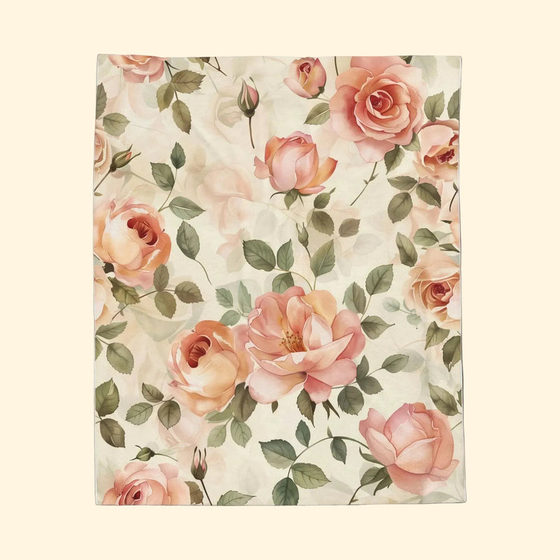 Floral pattern with pink roses and green leaves on a light background