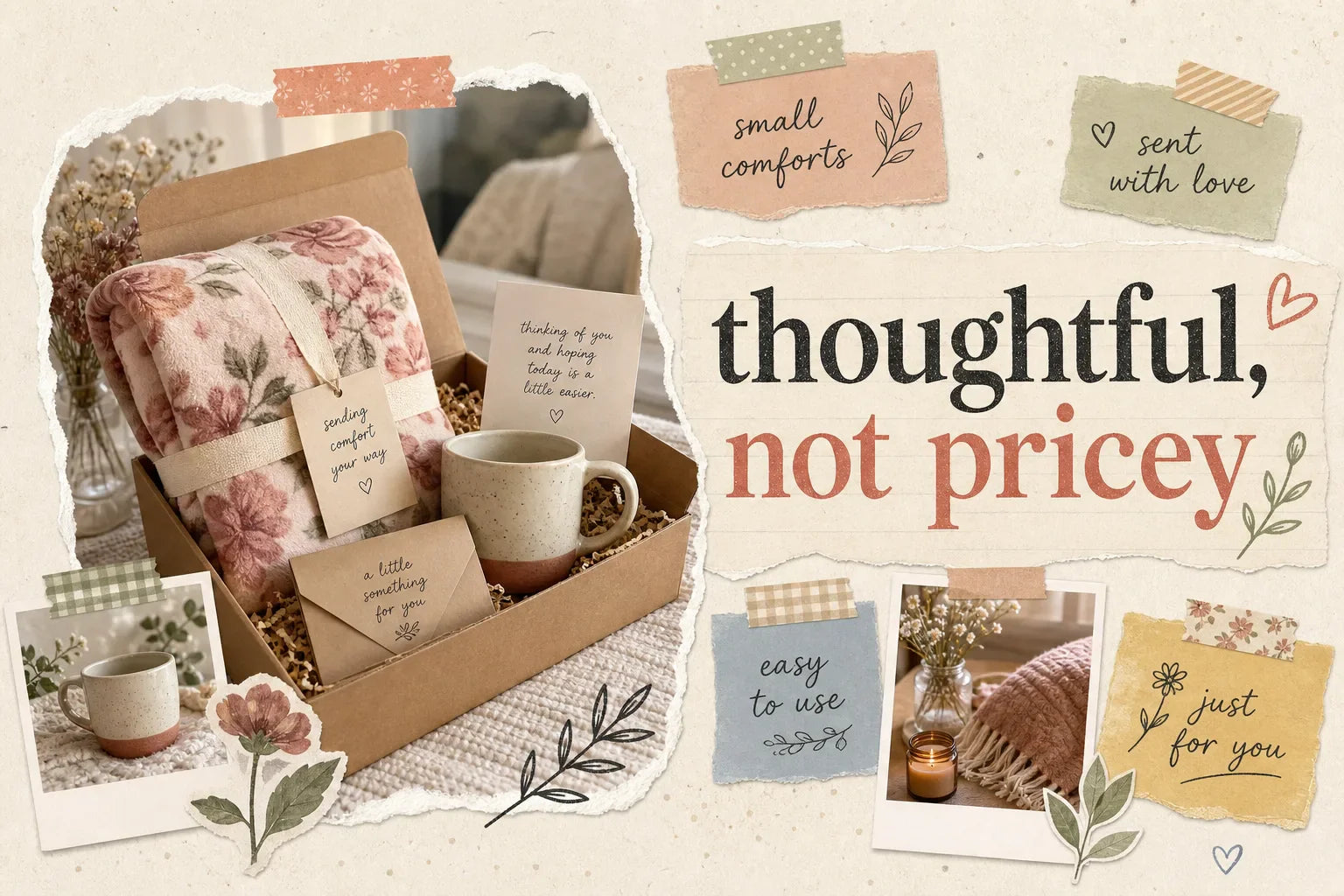 Scrapbook-style collage for affordable gifts for a sick friend with a kraft care package, rose floral throw blanket, mug, handwritten card, and taped notes in warm cream, rose, sage, tan, and blue tones.