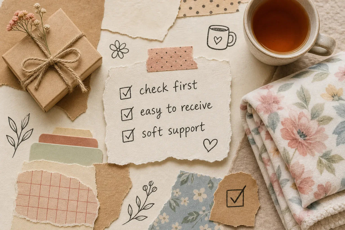 Scrapbook-style collage for a comfort gift checklist with a small gift box, folded floral blanket, tea mug, handwritten note, torn paper, tape, and flower and leaf doodles in warm cream, rose, sage, blue, tan, honey, and charcoal tones.
