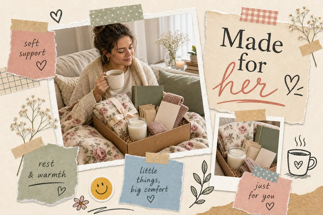 Scrapbook-style collage for gifts for a woman recovering from surgery with a cozy woman, a comfort gift box, torn paper notes, and warm cream, rose, sage, tan, blue, and honey tones.