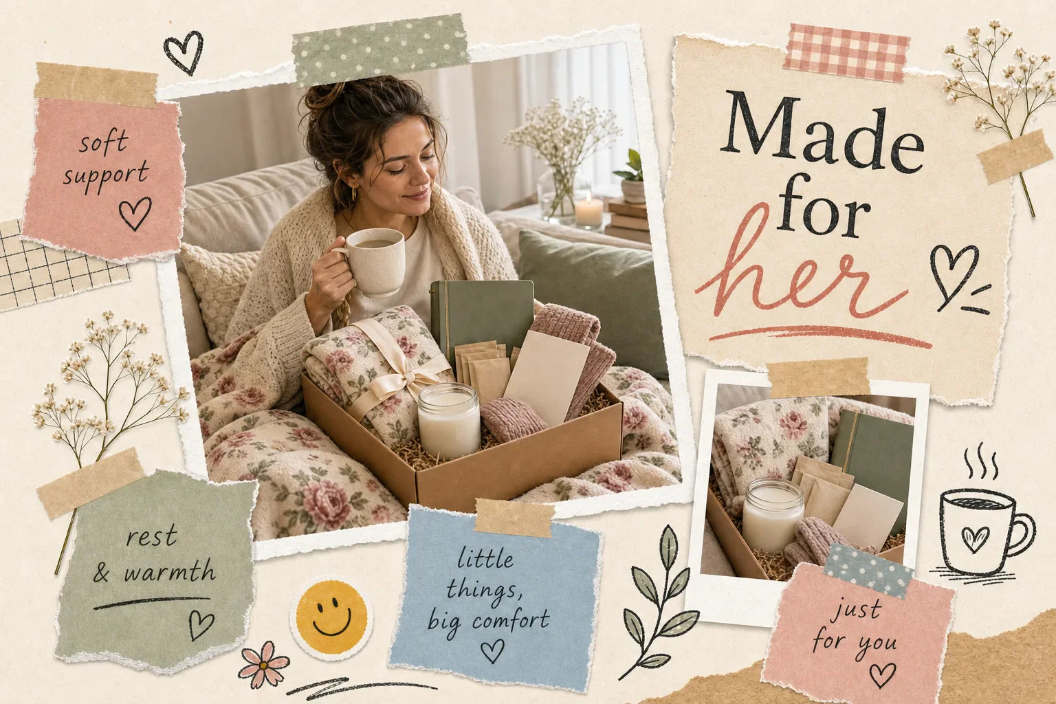 Scrapbook-style collage for gifts for a woman recovering from surgery with a cozy woman, a comfort gift box, torn paper notes, and warm cream, rose, sage, tan, blue, and honey tones.