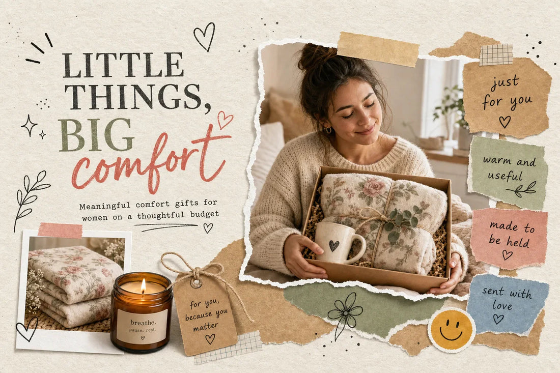 Scrapbook-style collage for meaningful comfort gifts for women under $75 with a cozy woman holding a gift box, floral blanket, mug, candle, and handwritten notes in warm cream, rose, sage, tan, and blue tones.