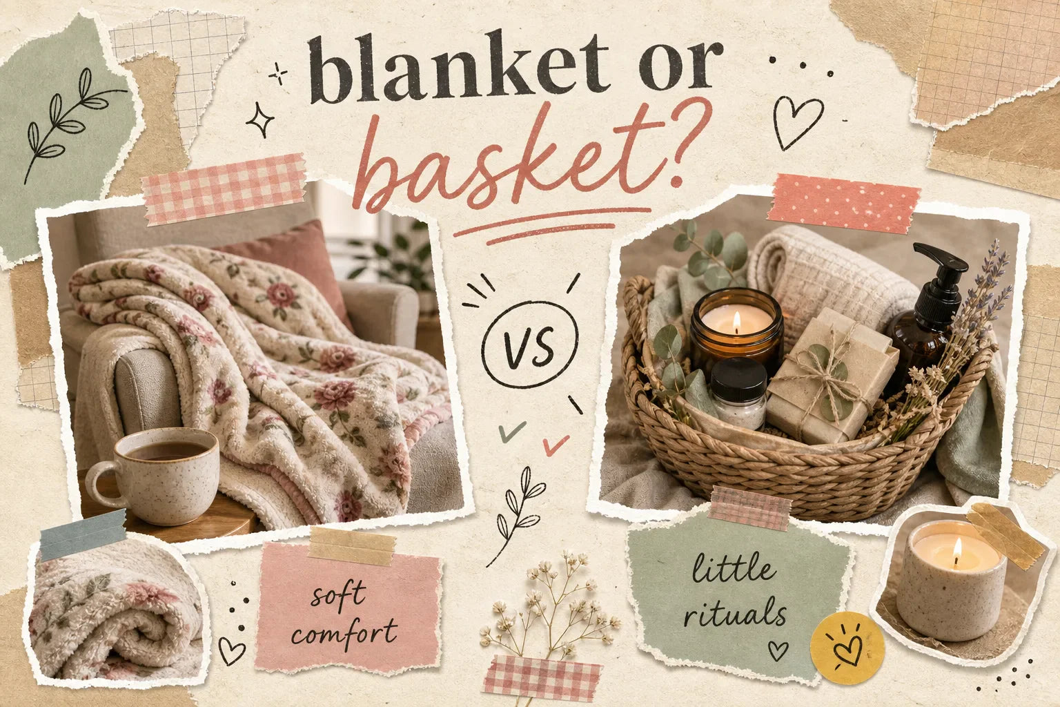 Scrapbook-style collage comparing a cozy blanket gift and a spa basket with a mug, candle, torn paper notes, and warm cream, rose, sage, and tan tones.