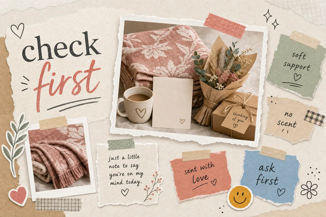 Scrapbook-style collage for deciding whether cancer patients can have flowers, with a soft rose throw, paper bouquet, card, mug, and taped handwritten notes in warm cream, rose, sage, and tan tones.