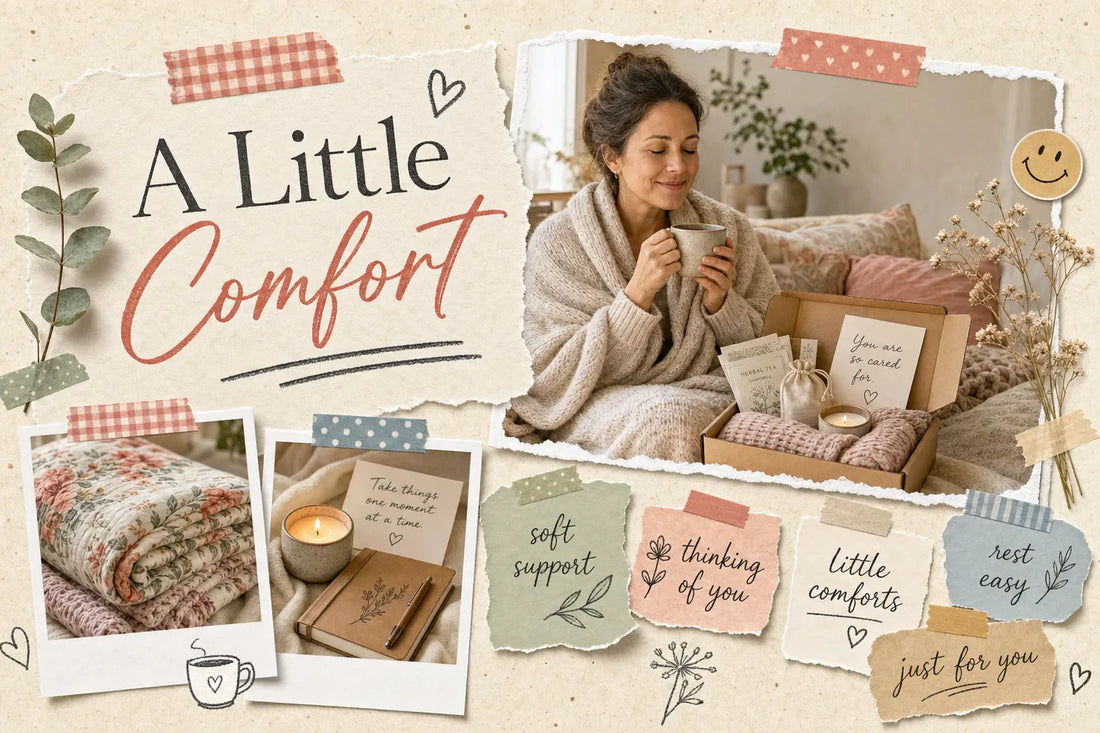 Scrapbook-style collage for comfort gifts for cancer recovery with a cozy woman holding a mug, a small comfort gift box, blanket, candle, and handwritten paper notes in warm cream, rose, sage, and tan tones.