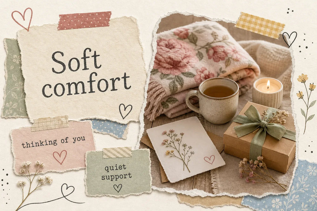 Scrapbook-style collage for comfort gifts for someone grieving a loss with a soft floral throw, candle, handwritten card, tea mug, and small flowers in warm cream, rose, sage, and tan tones.
