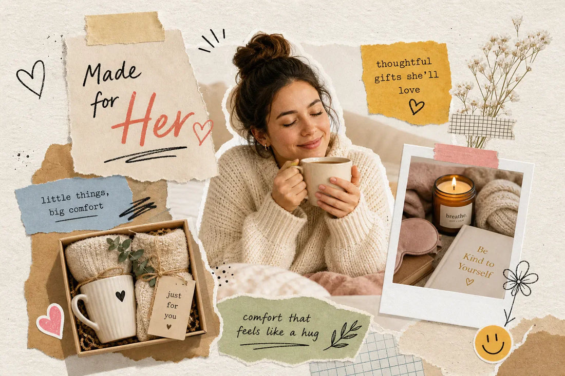 Collage-style comfort gifts for women guide image with cozy care items, tea, candle, and handwritten notes