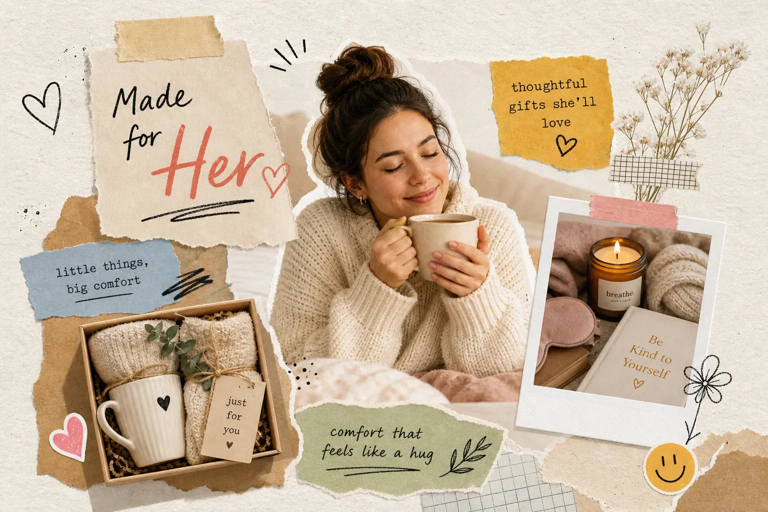 Collage-style comfort gifts for women guide image with cozy care items, tea, candle, and handwritten notes
