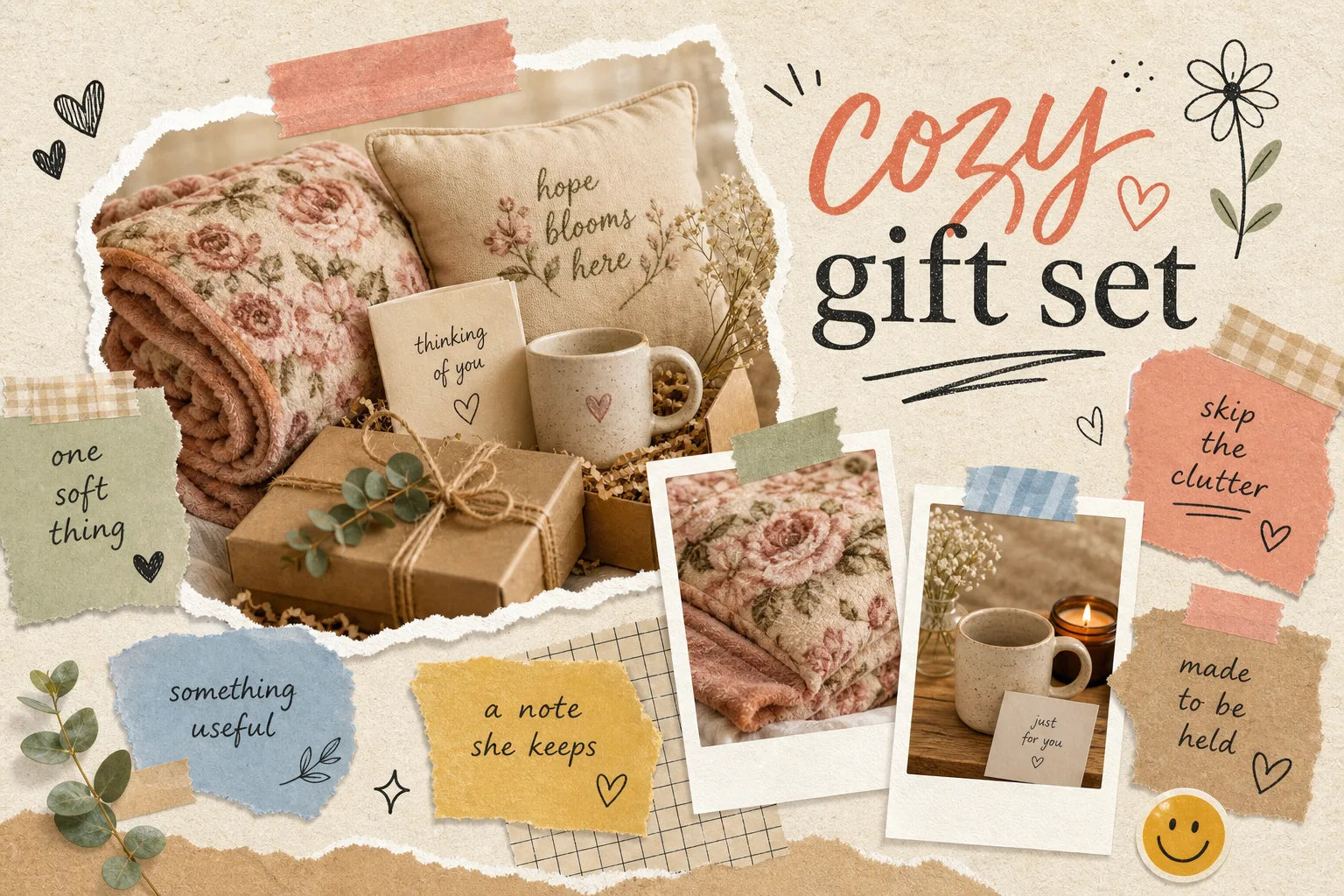 Scrapbook-style collage for cozy gift sets for women with a folded rose floral blanket, small pillow, mug, handwritten card, kraft gift box, torn notes, tape, and warm cream, rose, sage, tan, blue, honey, and charcoal tones.