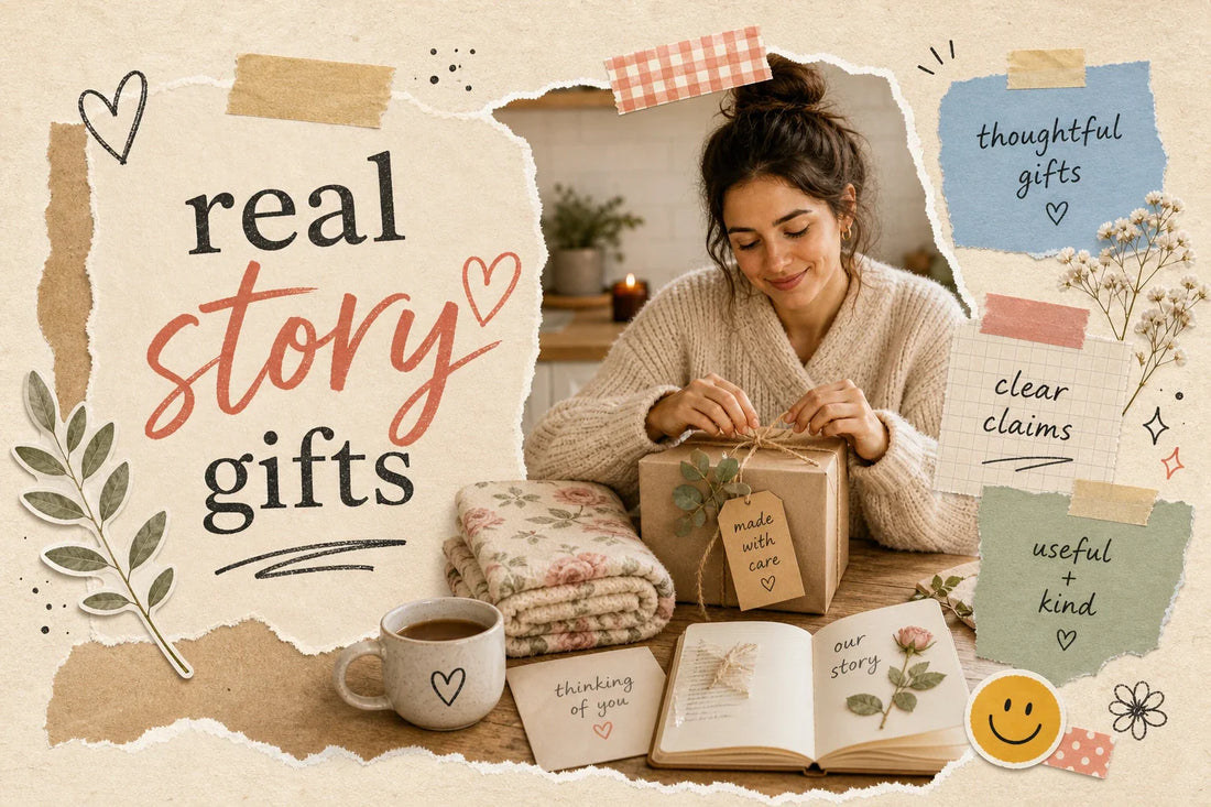 Scrapbook-style collage for ethical gift brands with a calm woman wrapping a kraft gift box, a folded rose floral throw, handwritten story notes, tape, dried flowers, and warm cream, rose, sage, and tan tones.