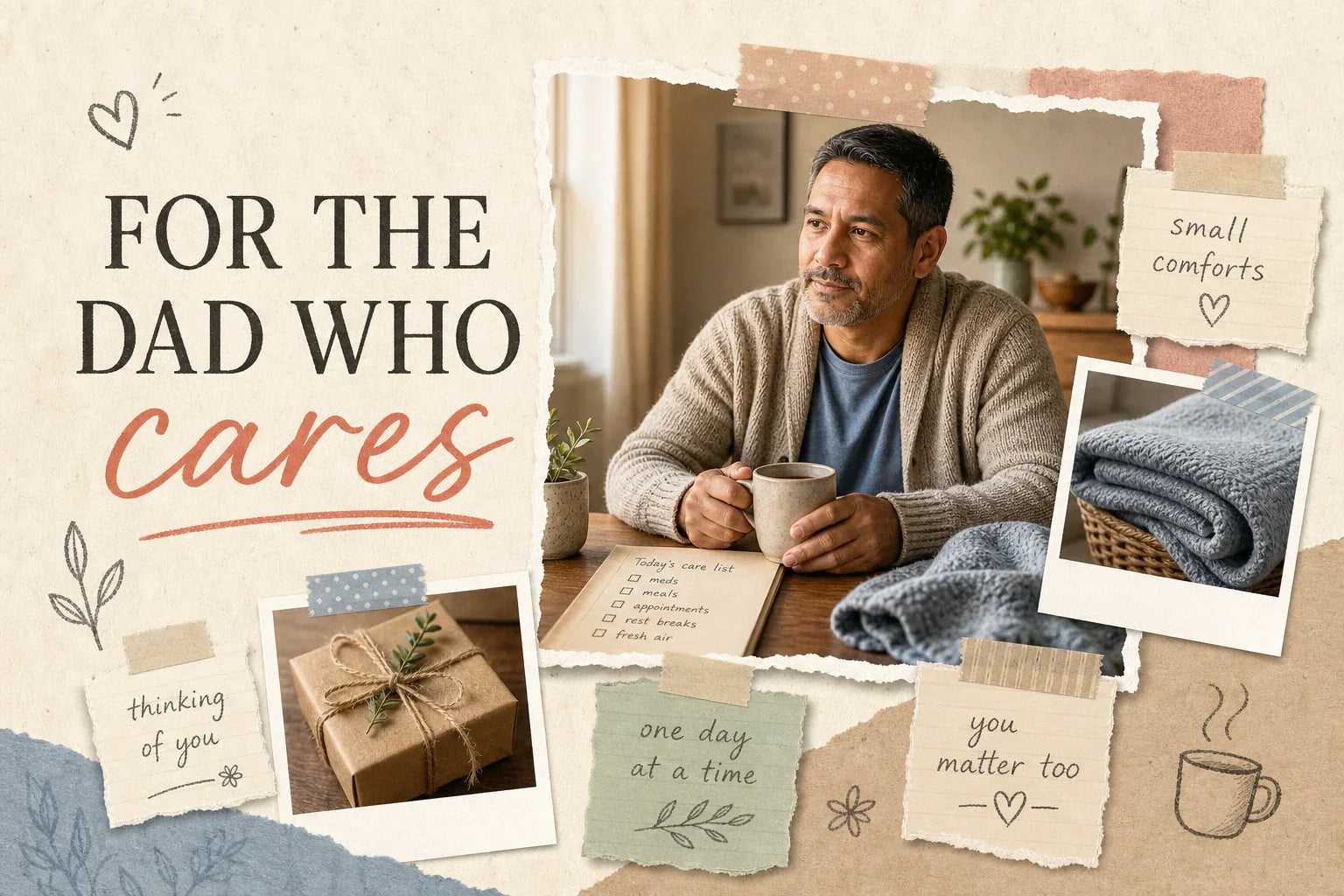 Scrapbook-style collage for Father's Day gifts for caregiver dads, with a calm father at a kitchen table, a mug, folded blanket, handwritten care notes, and warm cream, sage, blue, and tan paper layers.