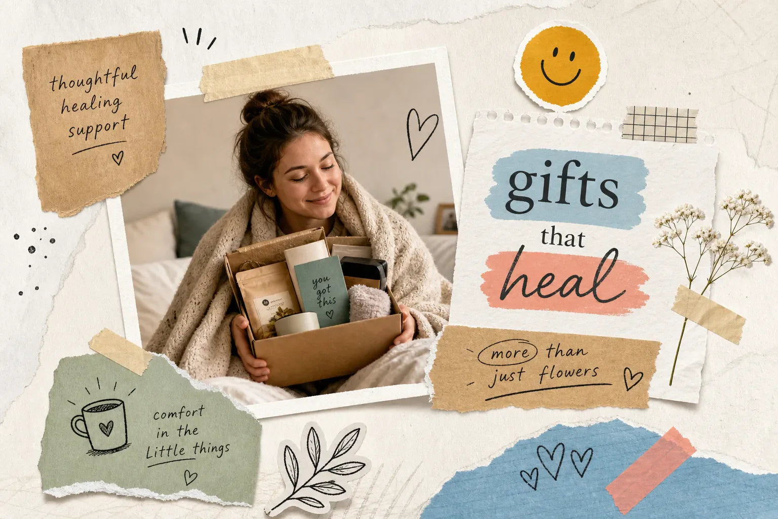 Collage-style get well gift guide image with a cozy care package and notes about thoughtful healing support