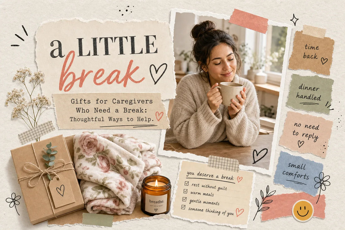 Scrapbook-style collage for gifts for caregivers who need a break with a calm caregiver holding a mug, a kraft gift box, a folded rose blanket, taped notes, and warm cream, rose, sage, tan, blue, honey, and charcoal tones.