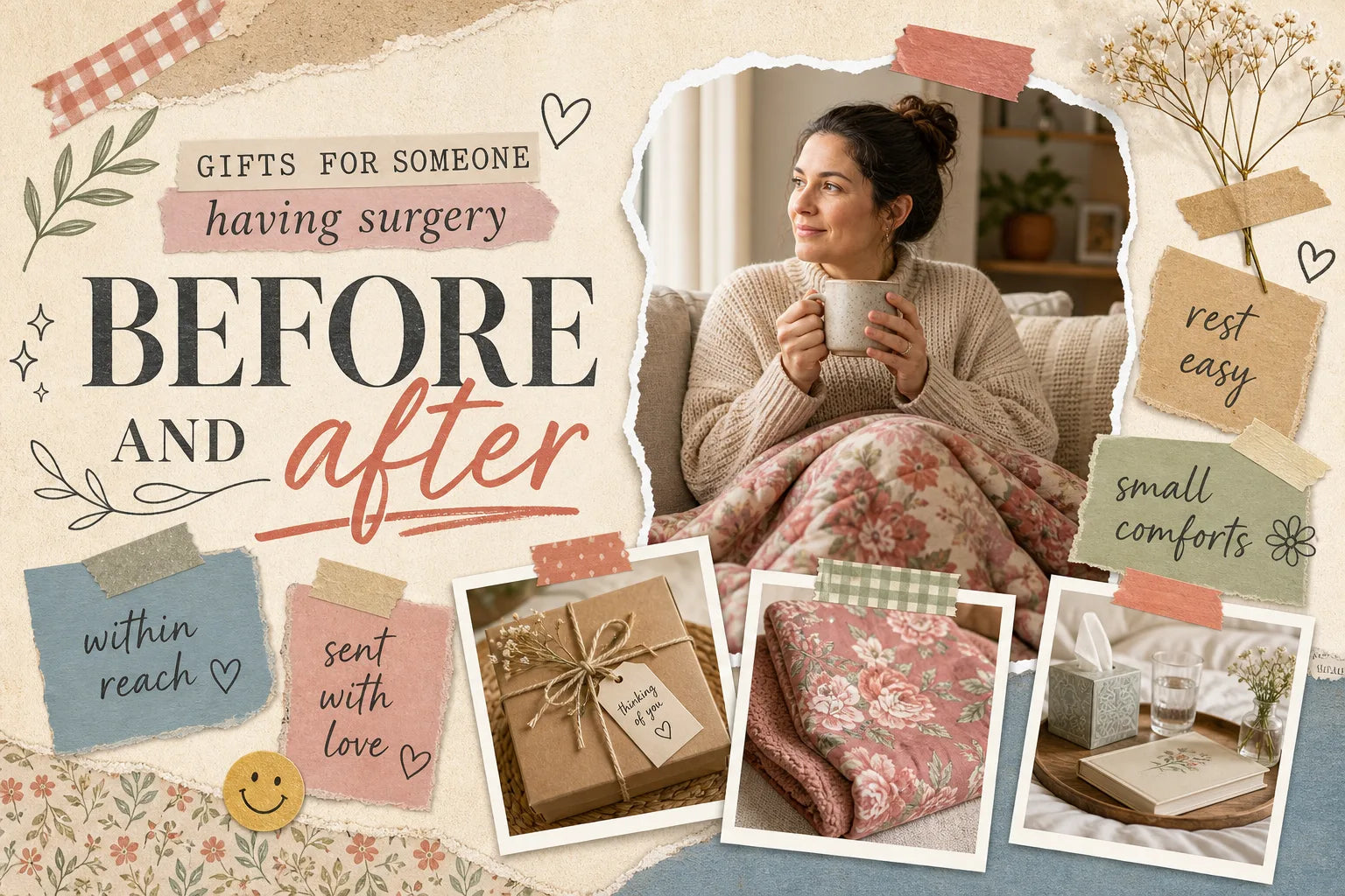 Scrapbook-style collage for gifts before and after surgery with a calm woman holding a mug, rose floral throw, care package, bedside tray, and handwritten comfort notes in warm cream, rose, sage, and tan tones.
