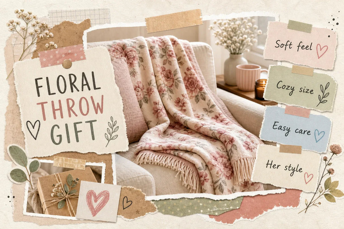 Scrapbook-style collage featuring a soft rose floral throw blanket on a neutral chair, with layered notes about soft feel, cozy size, easy care, and choosing a gift that fits her style.