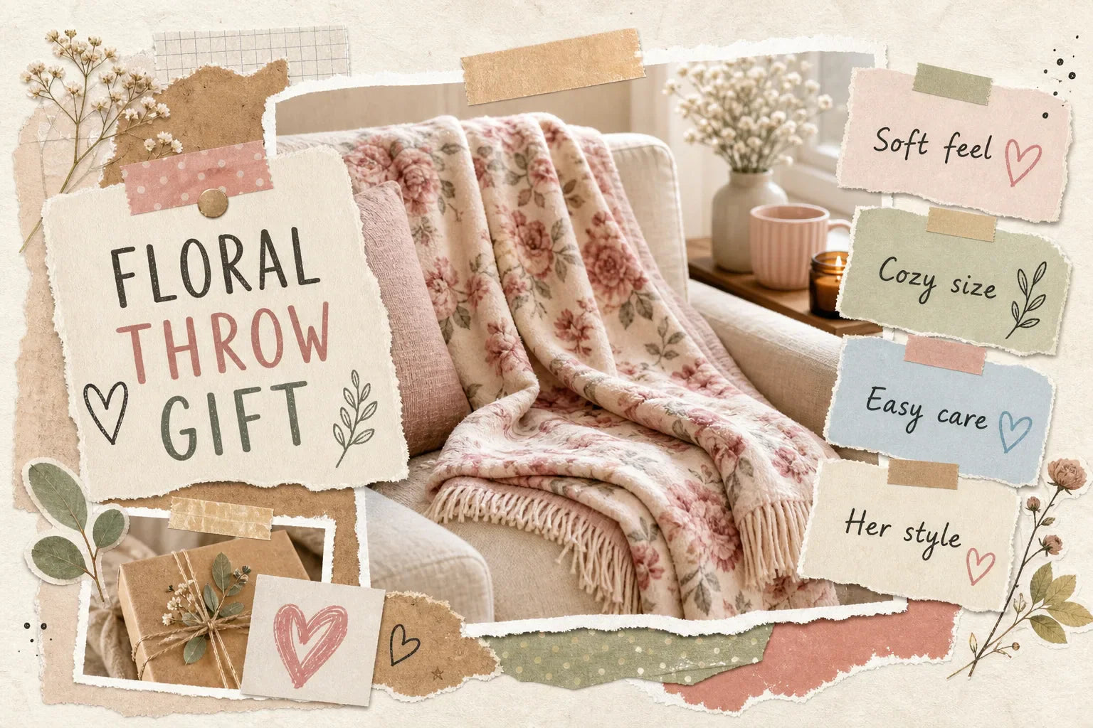Scrapbook-style collage featuring a soft rose floral throw blanket on a neutral chair, with layered notes about soft feel, cozy size, easy care, and choosing a gift that fits her style.