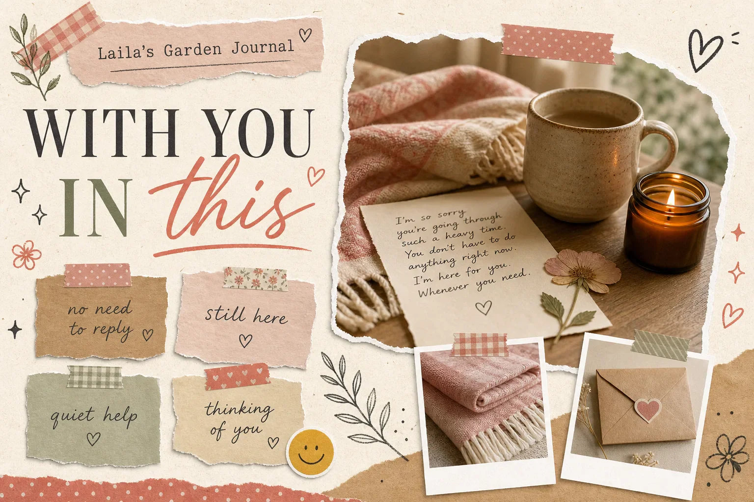 Scrapbook-style collage for comforting a friend dealing with loss and grief with torn paper notes, a warm blanket, mug, candle, envelope, dried flower, and photo-style cutouts in warm cream, rose, sage, tan, and muted blue tones.