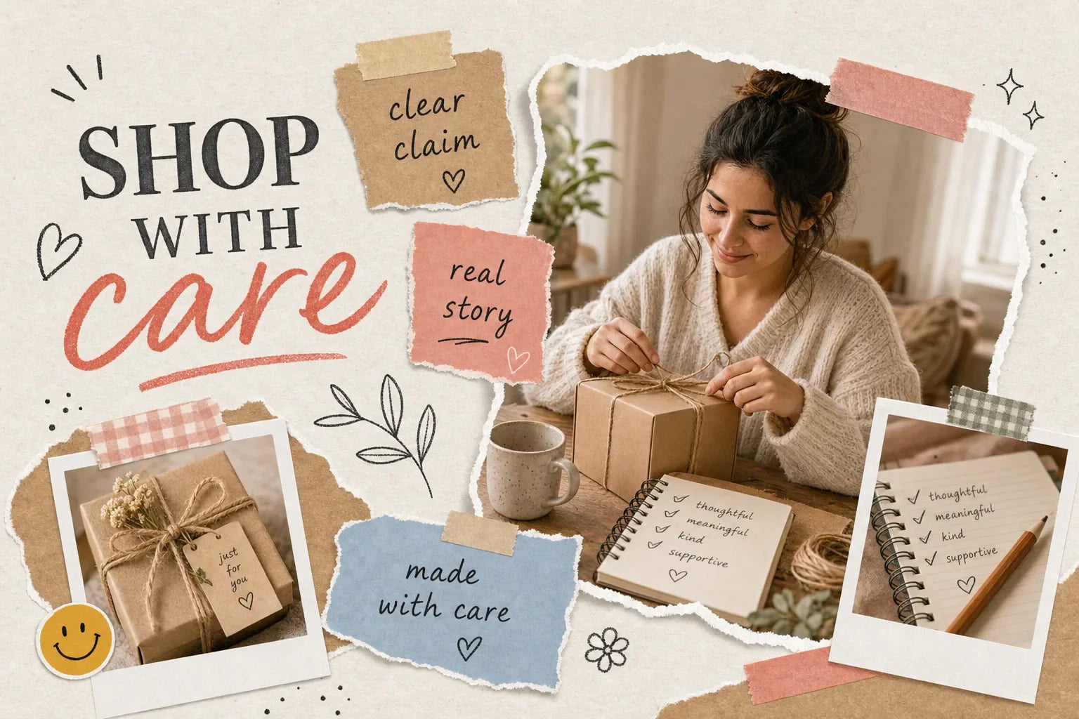 Scrapbook-style collage for finding ethical brands with a woman wrapping a kraft gift, checklist notes, tape, and small doodles in warm cream, rose, sage, tan, and blue tones.