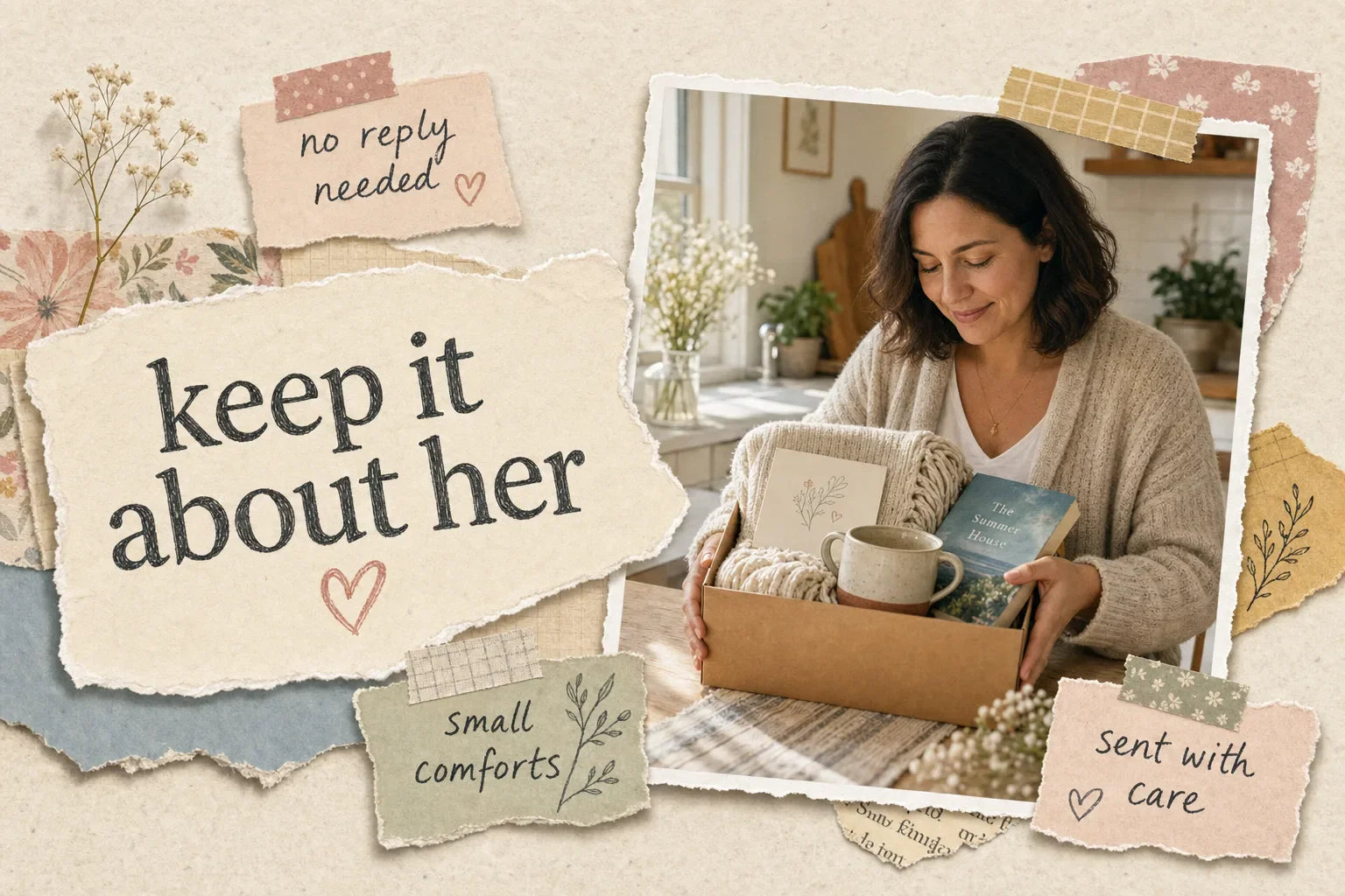 Scrapbook-style collage about giving a thoughtful gift without centering illness, with a calm woman holding a small gift box, torn notes, tape, and warm cream, rose, sage, tan, and blue tones.