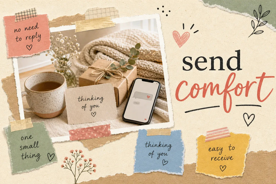 Scrapbook-style collage for sending comfort to someone who is ill with a handwritten note, mug, folded blanket, small gift box, phone message, torn paper, tape, and warm cream, rose, sage, blue, tan, honey, and charcoal tones.