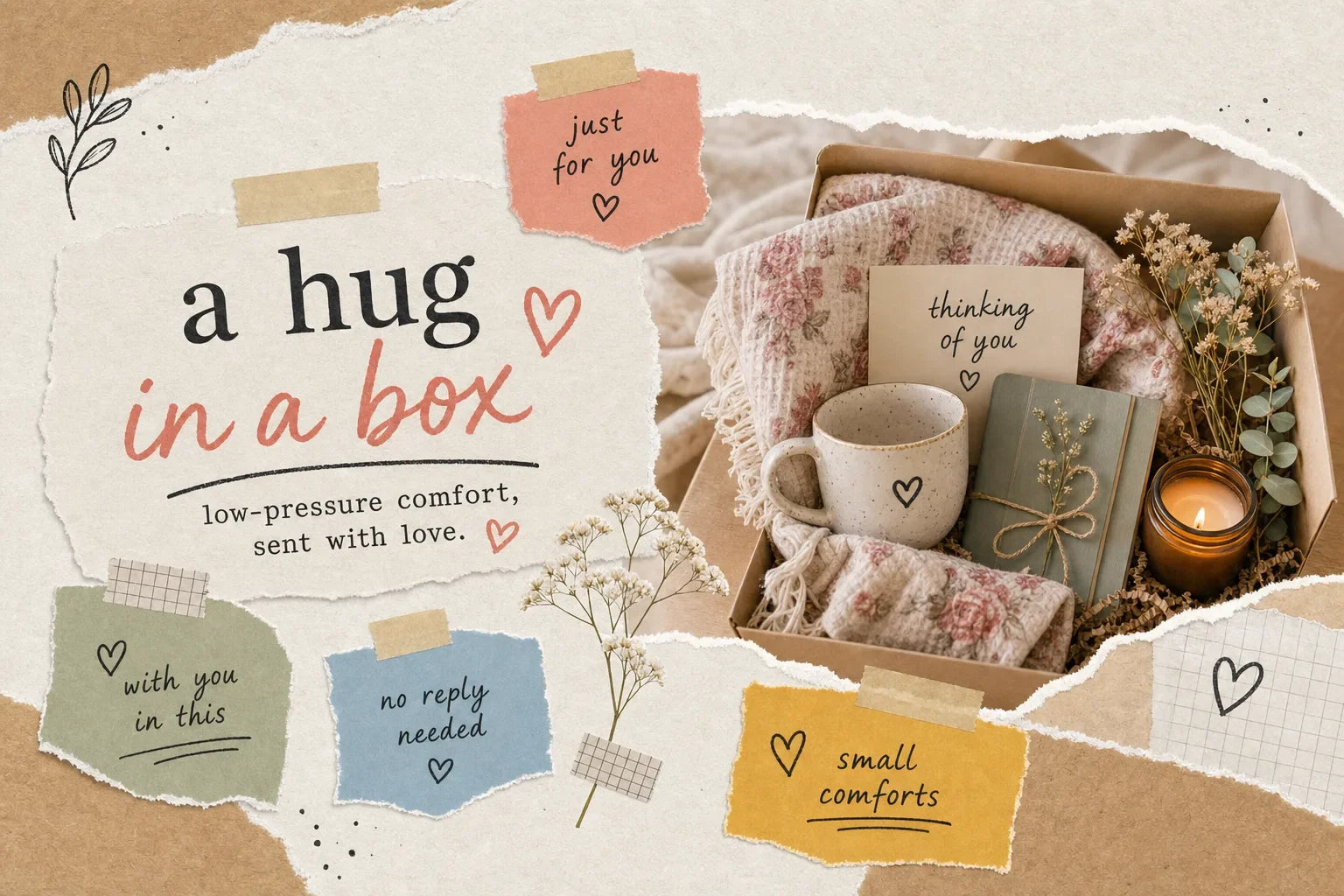 Scrapbook-style collage for a hug in a box gift with a kraft comfort parcel, folded rose floral throw, mug, journal, handwritten notes, torn paper, tape, and warm cream, rose, sage, tan, blue, honey, and charcoal tones.