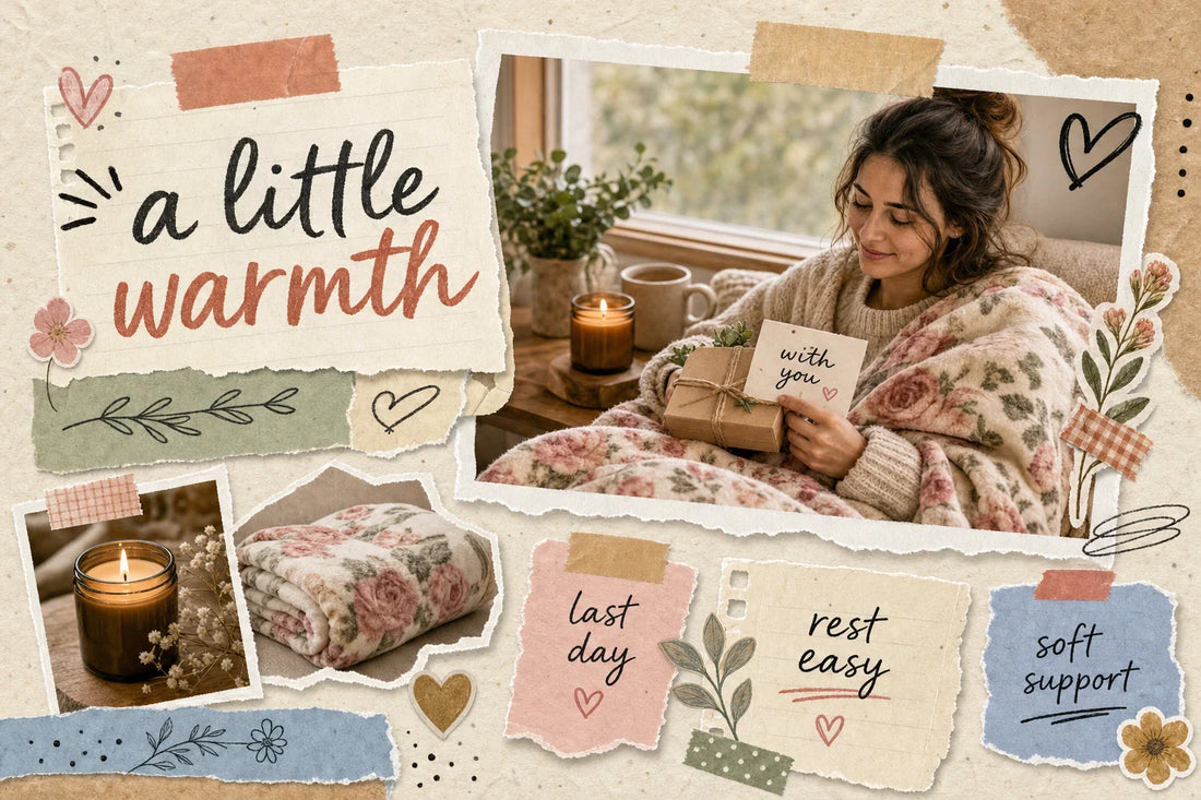 Scrapbook-style collage for last day of radiation gifts with a calm woman wrapped in a soft floral throw, a kraft gift box, torn notes, candle, and warm cream, rose, sage, and tan tones.