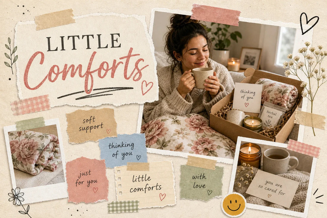 Scrapbook-style collage for mastectomy recovery gifts with a calm woman holding a mug, a soft floral throw, a comfort gift box, and torn paper notes in warm cream, rose, sage, tan, blue, and honey tones.