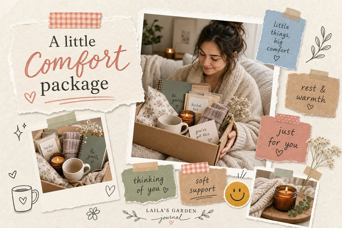 Scrapbook-style collage for recovery care package ideas with a cozy woman opening a comfort gift box, layered torn notes, and warm cream, rose, sage, tan, blue, and honey tones.