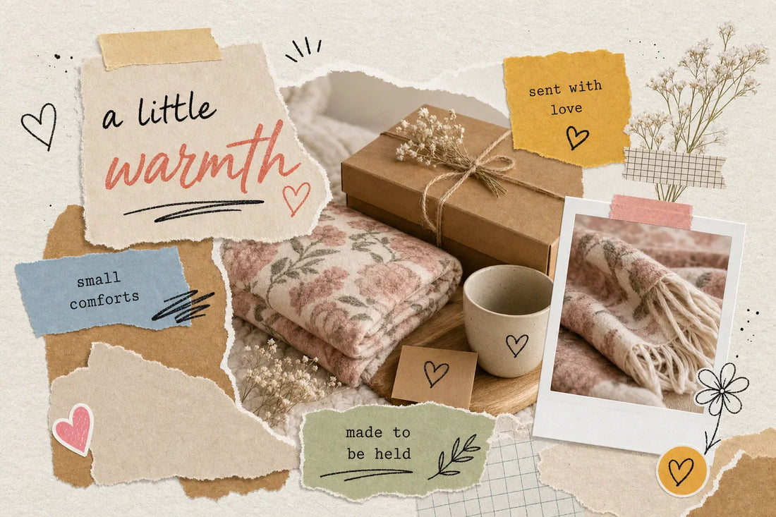Scrapbook-style collage for thoughtful gifts under $75 with a cozy rose floral throw, taped paper notes, and warm cream, rose, sage, and tan tones.