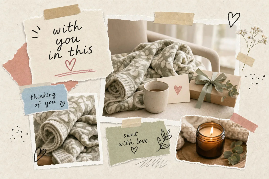 Scrapbook-style collage for a sympathy gift guide with a folded floral comfort blanket, mug, candle, gift box, and handwritten support notes in warm cream, rose, sage, and tan tones.