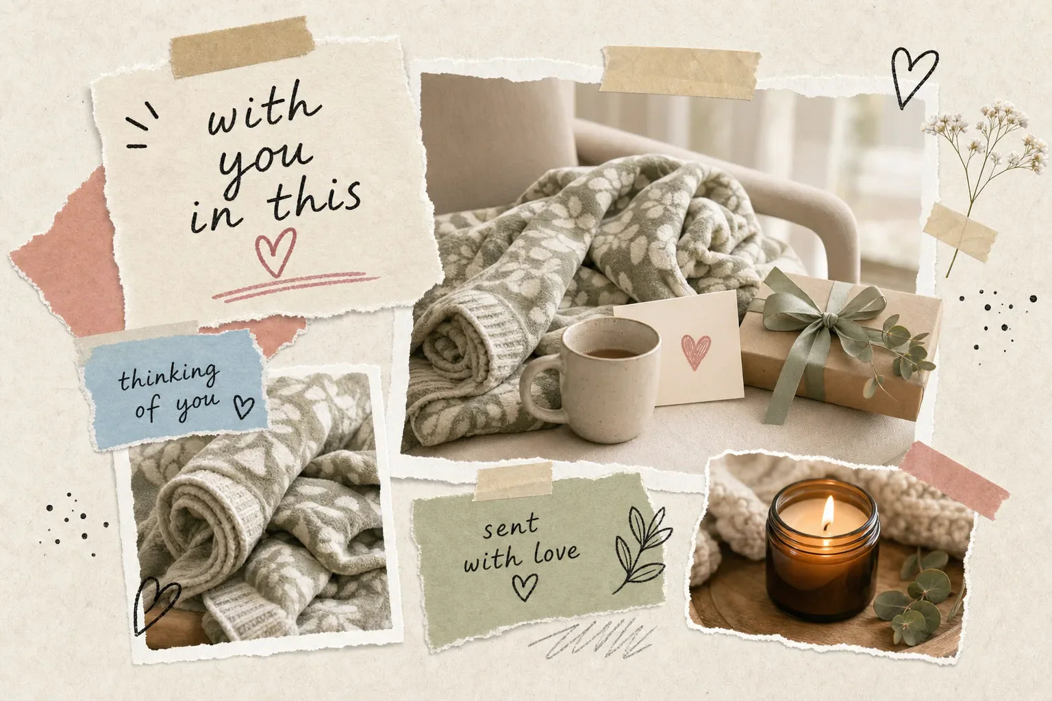 Scrapbook-style collage for a sympathy gift guide with a folded floral comfort blanket, mug, candle, gift box, and handwritten support notes in warm cream, rose, sage, and tan tones.