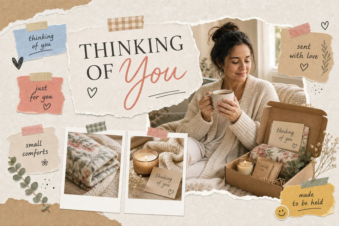 Scrapbook-style collage for unique gifts for a friend going through a hard season with a cozy woman holding a mug, a comfort gift box, folded blanket, candle, and handwritten paper notes in warm cream, rose, sage, and tan tones.