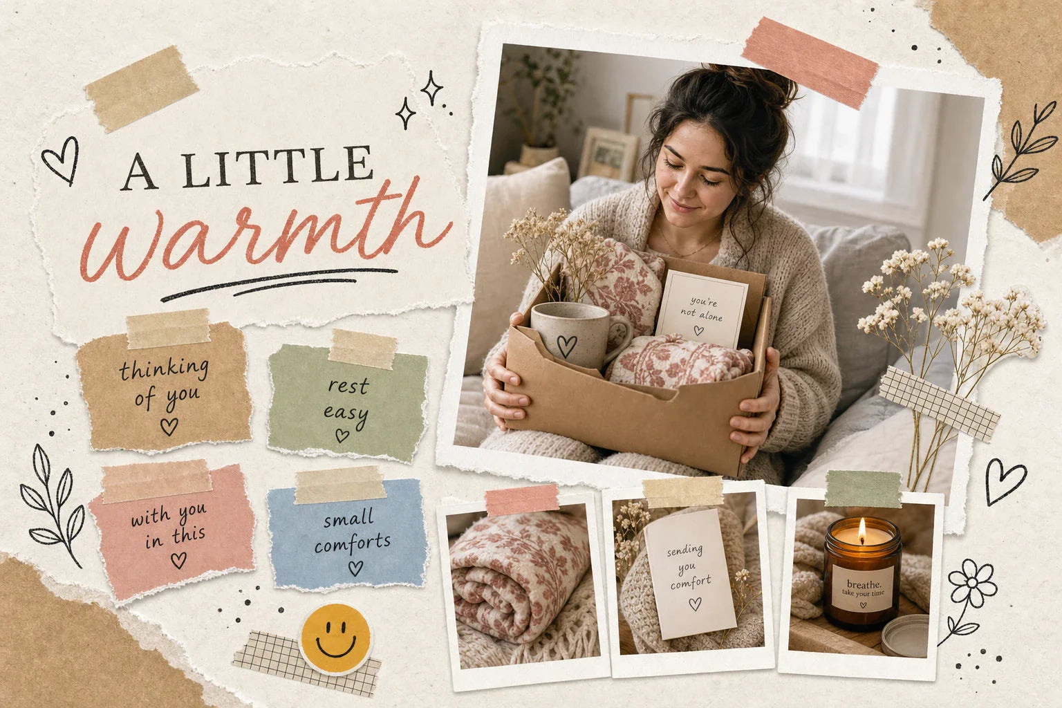 Scrapbook-style collage for gift ideas after someone finishes chemo with a calm woman holding a care package, torn paper notes, rose blanket details, tape, and warm cream, rose, sage, and tan tones.
