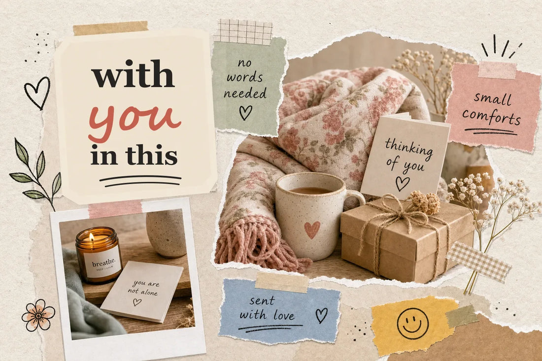 Scrapbook-style collage for what to give someone who is grieving with a folded rose floral blanket, mug, candle, handwritten card, kraft gift box, torn notes, tape, and warm cream, rose, sage, tan, blue, honey, and charcoal tones.