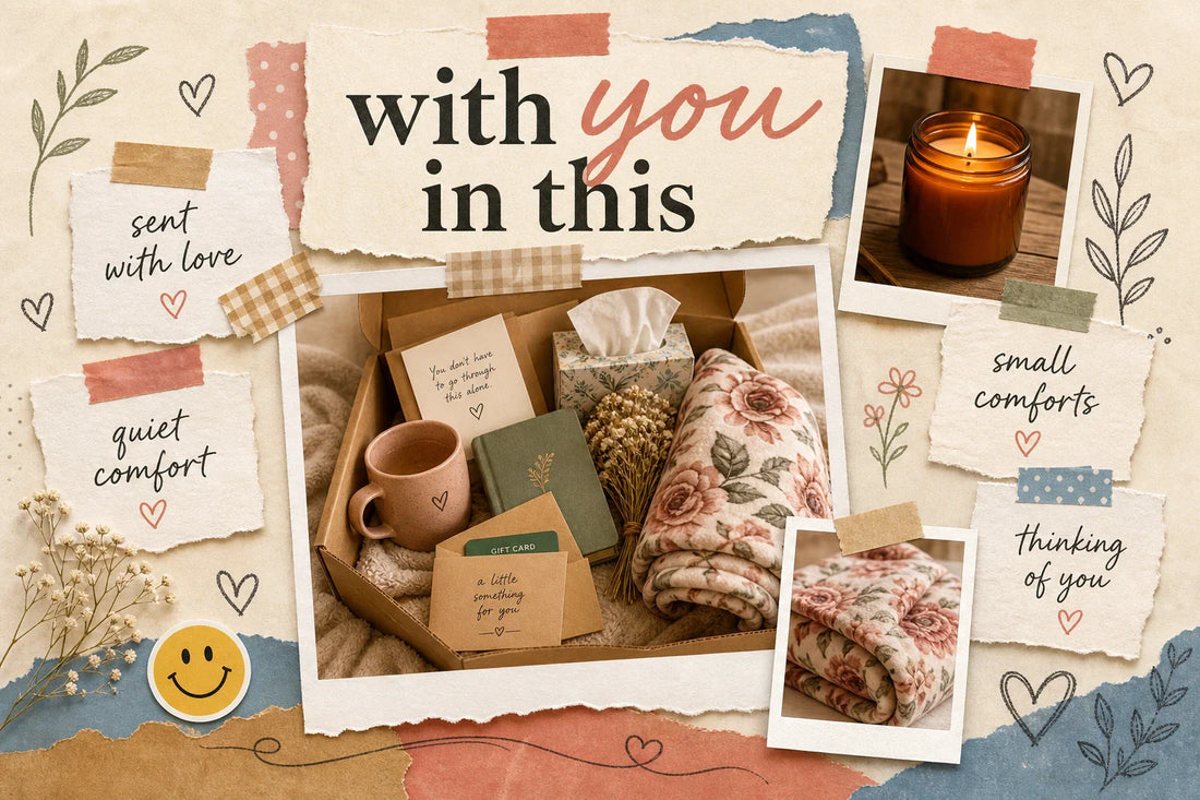 Scrapbook-style collage for a grief care package with a kraft box, mug, candle, folded rose floral throw, handwritten notes, torn paper, and warm cream, rose, sage, tan, and blue tones.