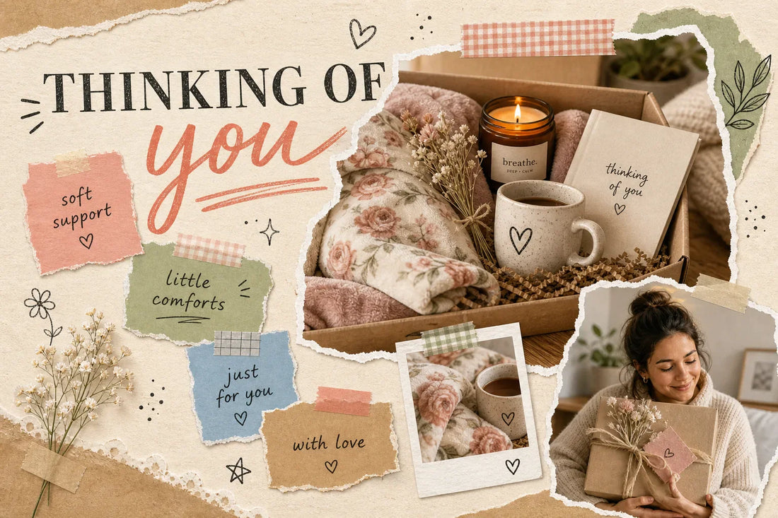Scrapbook-style collage for what to send a friend going through chemo with a floral blanket, mug, candle, journal card, and care package in warm cream, rose, sage, and tan tones.