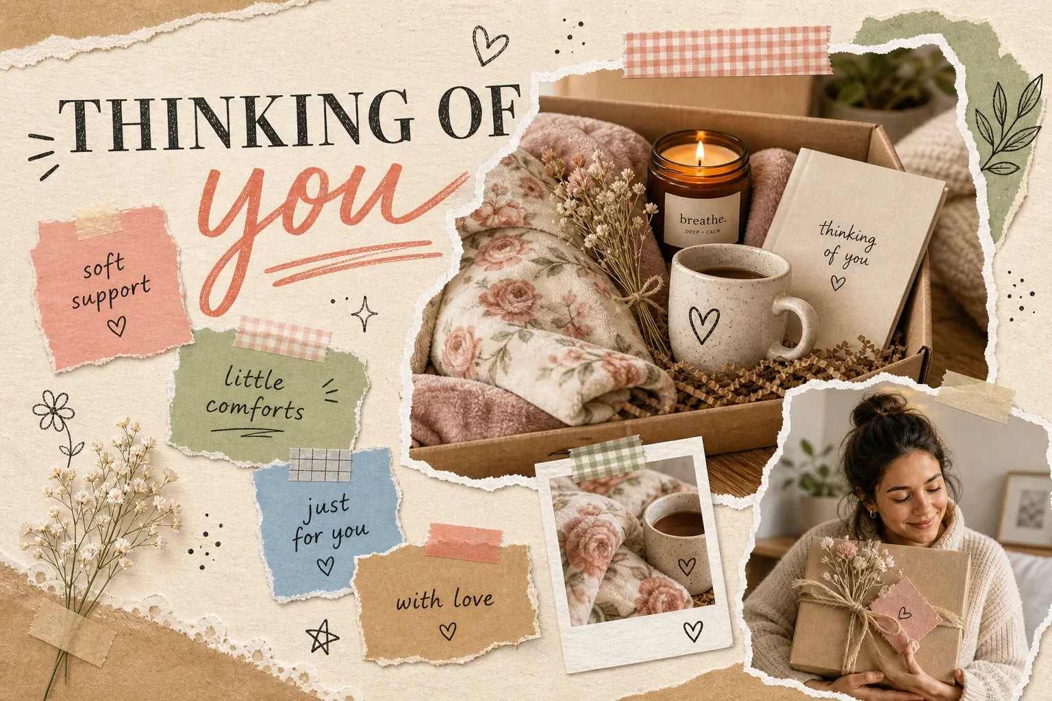 Scrapbook-style collage for what to send a friend going through chemo with a floral blanket, mug, candle, journal card, and care package in warm cream, rose, sage, and tan tones.