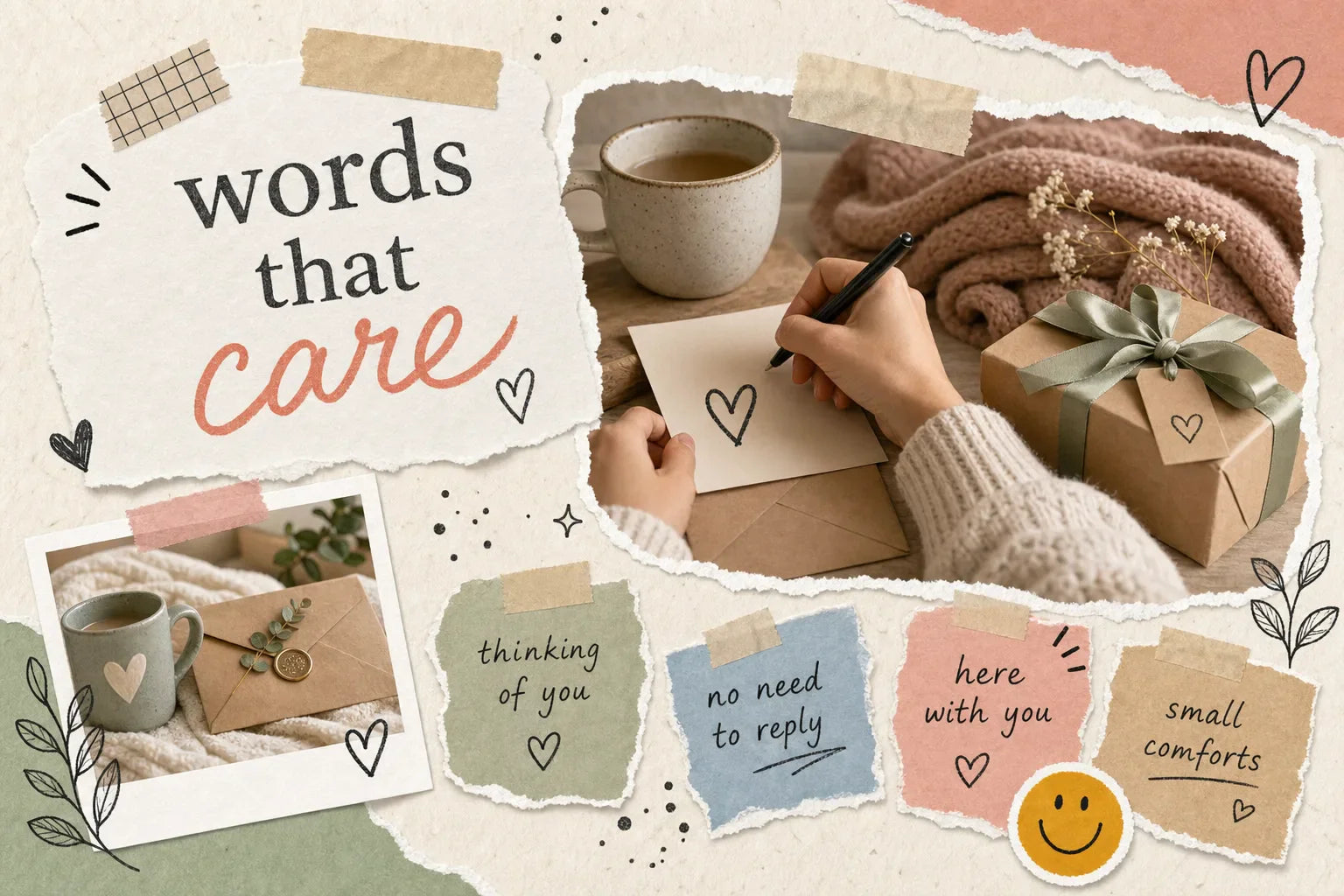 Scrapbook-style collage for a get well card wording guide with hands writing a card, a mug, gift box, folded blanket, torn notes, tape, and warm cream, rose, sage, tan, and blue tones.
