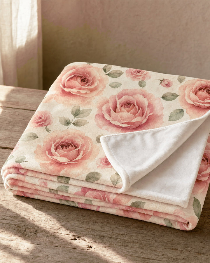 The blanket folded on a wooden surface, showing the stitched hem and the plain soft white reverse