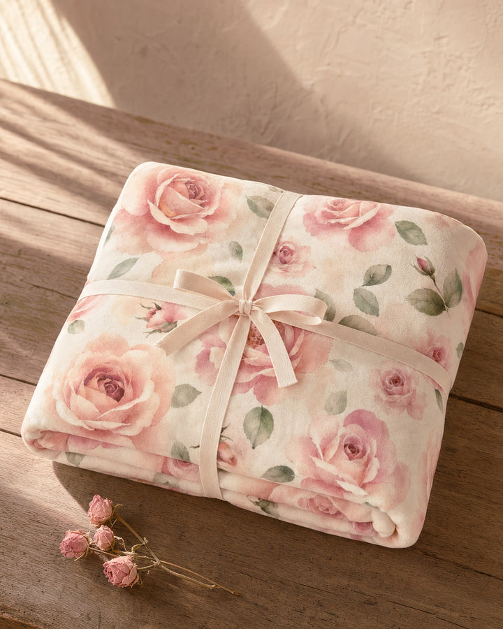 The blanket folded and tied with a cream ribbon on a wooden table, ready to give
