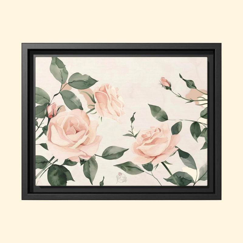 Framed artwork of pink roses and green leaves on a beige background