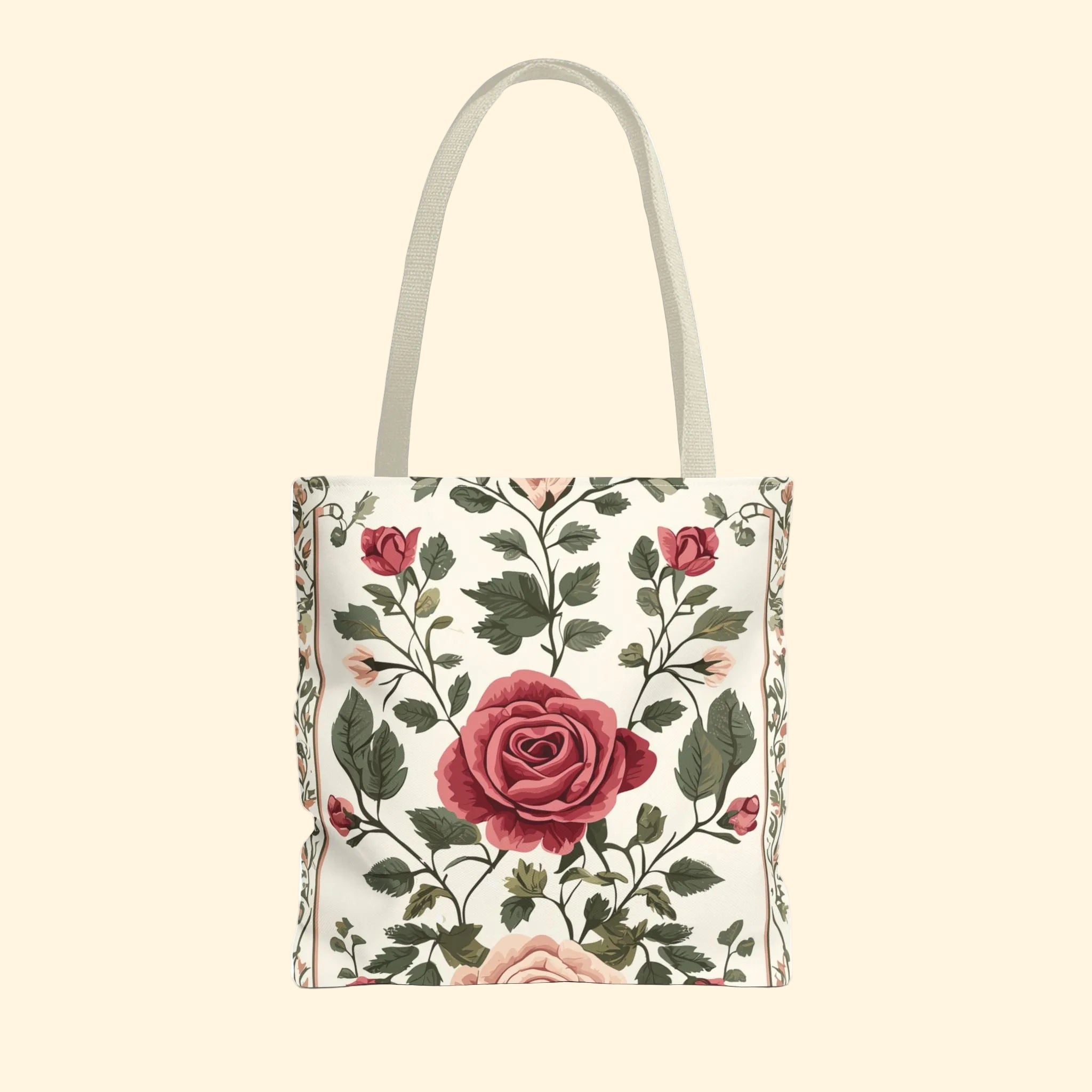 Floral tote bag with red roses on a white background