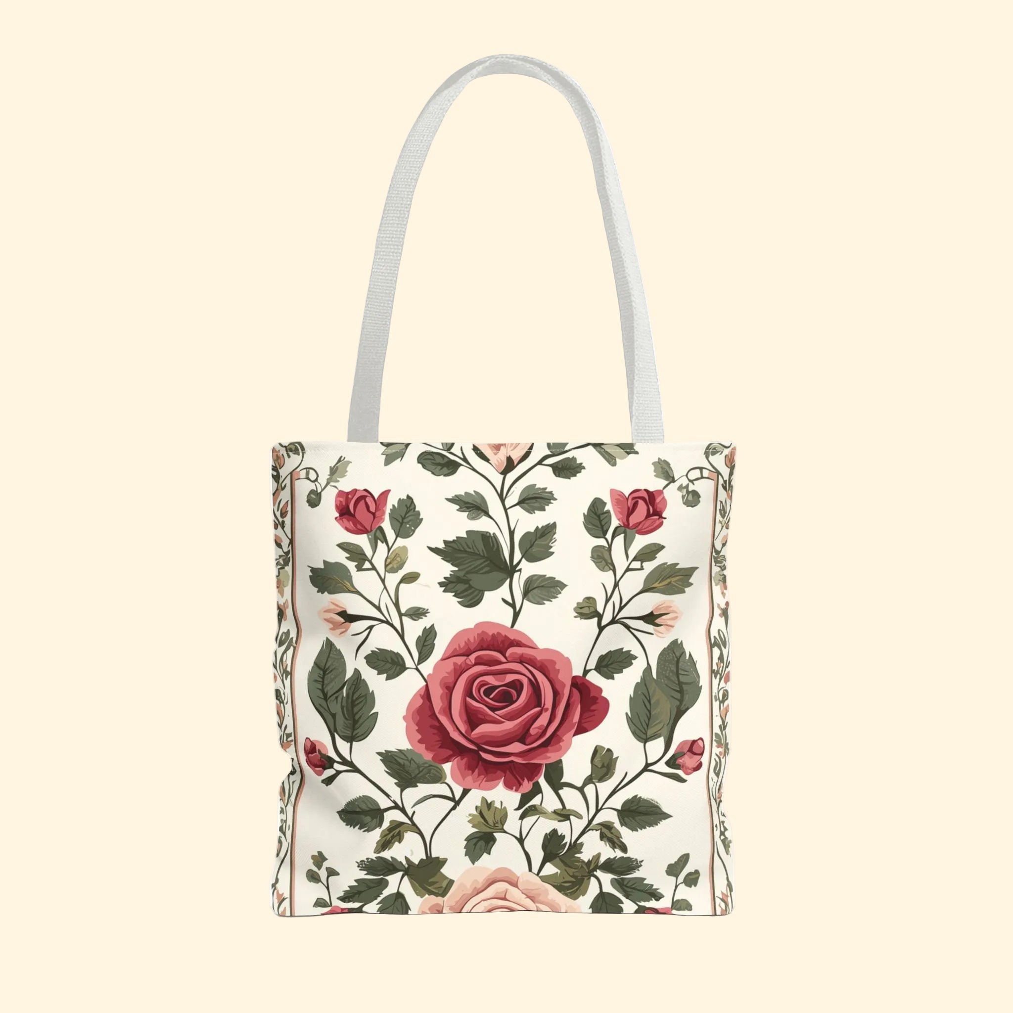 Floral tote bag with red roses on a white background