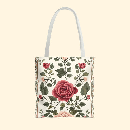 Floral tote bag with red roses on a white background