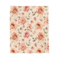 Laila's Garden Blanket laid flat, showing the full watercolor garden print of peach and blush roses with sage leaves on warm cream