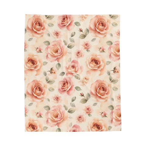 Laila's Garden Blanket laid flat, showing the full watercolor garden print of peach and blush roses with sage leaves on warm cream