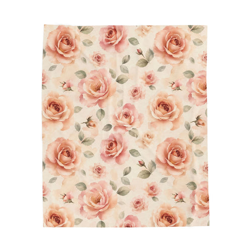Laila's Garden Blanket laid flat, showing the full watercolor garden print of peach and blush roses with sage leaves on warm cream