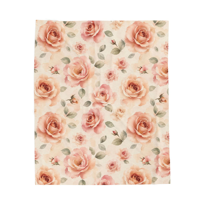 Laila's Garden Blanket laid flat, showing the full watercolor garden print of peach and blush roses with sage leaves on warm cream