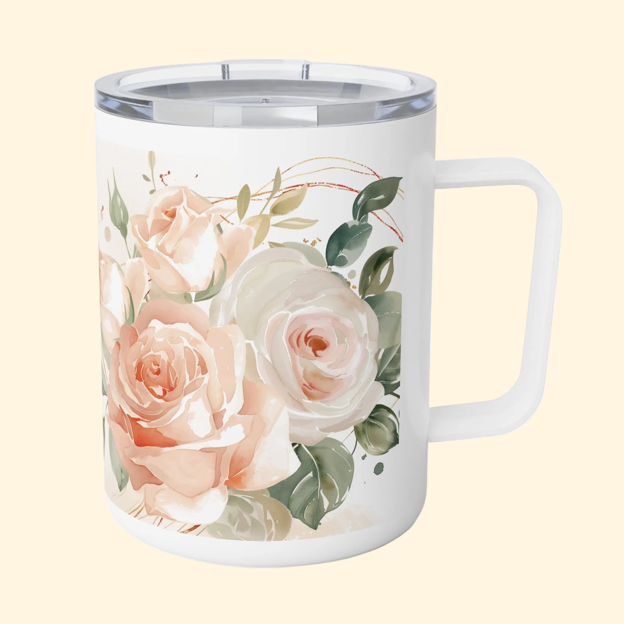 Floral mug with pink and white roses on a white background