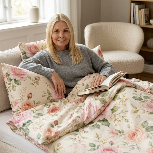 Vintage rose floral cotton duvet cover and sham set with cottage bedding print